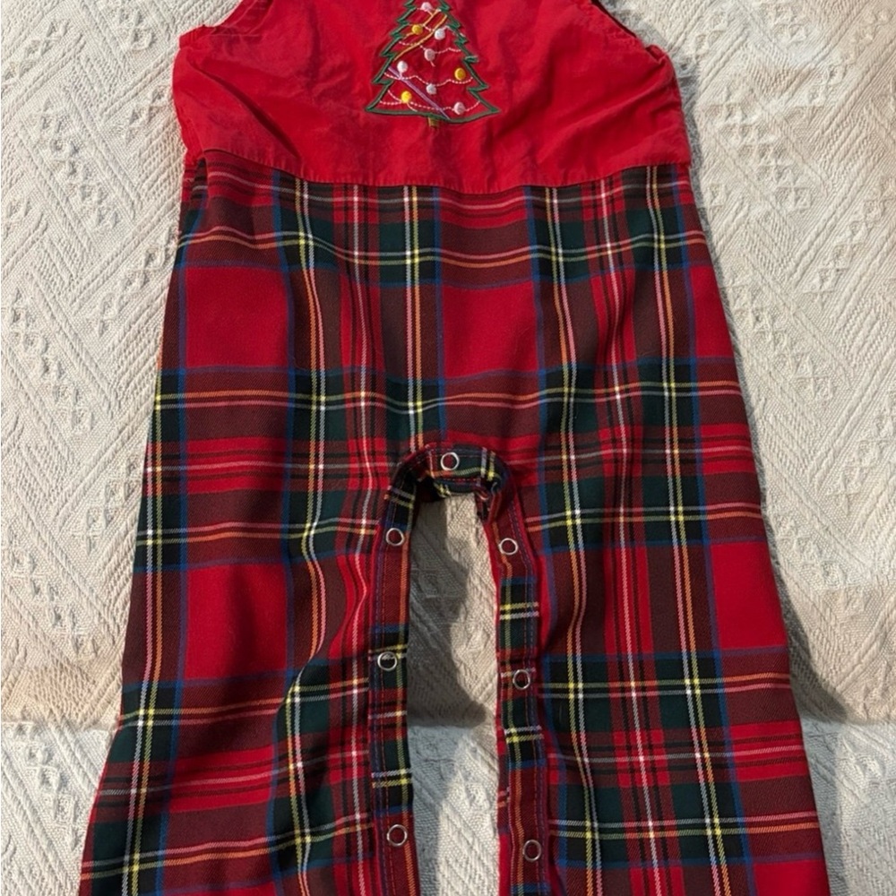 Red Plaid Baby Romper with Christmas Tree